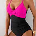 B2prity Women's One Piece Swimsuits Tummy Control Front Cross Bathing Suits Tie Back Slimming V Neck Swimwear, Size L
