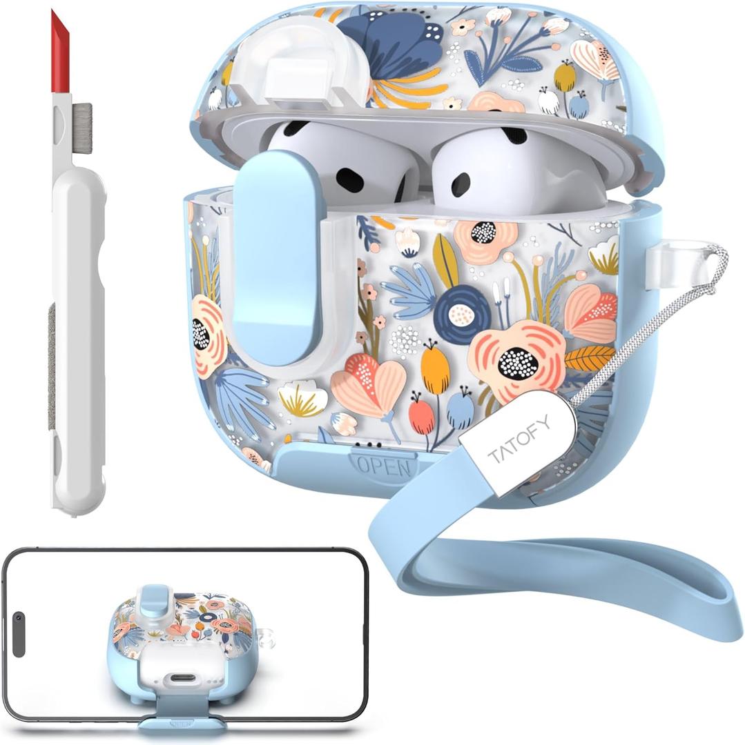 TATOFY for AirPods 4th Generation Case with Phone Stand Lanyard Lock Cleaning Kit, Compatible with Magsafe, Flowers Hard AirPod 4 Cover for Women (Blue, AirPods 4th)