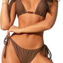ZAFUL Women's Sexy Halter Bikini Sets Beads Tie Side Solid Triangle Thong Swimsuit Two Piece Cheeky Bathing Suits (Large, 02-coffee)