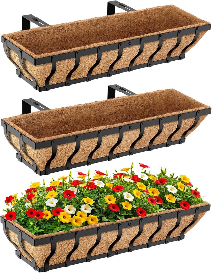 VOXOR Railing Planter Boxes, Heavy Duty Window Box Planters, Adjustable Balcony Planters for Railing Hanging, with Coco Liner & Support Rod for Deck, Porch, and Patio Gardening (3 Pack, 30 Inch)