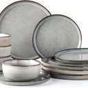 GBHOME Ceramic Dinnerware Sets for 4, 12 Pieces Stoneware Plates and Bowls Sets, Reactive Glaze Dishes -Scratch Resistant, Dishwasher&Microwave Safe, Green Wheat