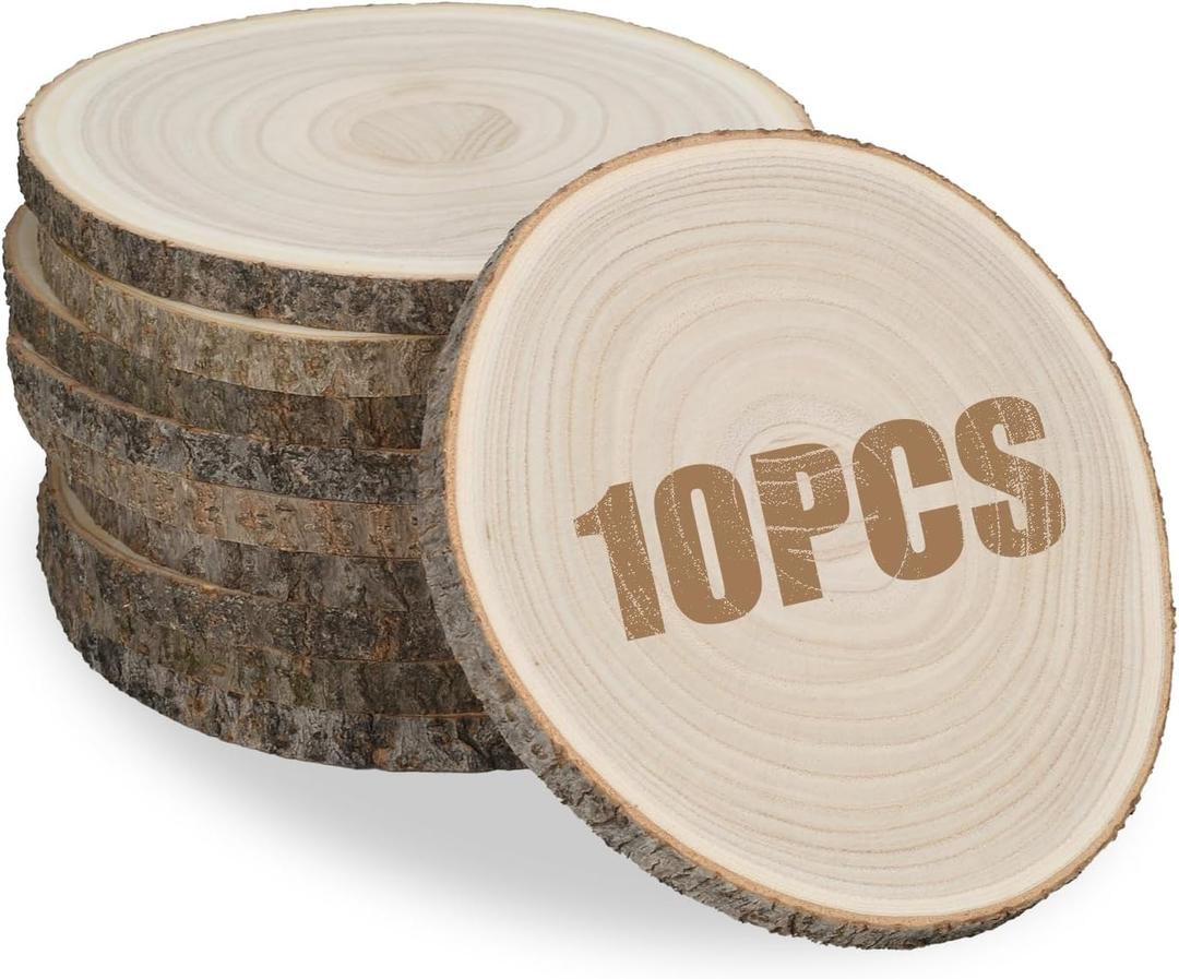 10 Pcs Unfinished Wood Slices 8-9 Inches - Natural Wood Rounds with Bark for Centerpieces, Wedding Decor, Crafts, DIY Projects - Rustic Table Decor, Wood Burning, Painting, Holiday & Party Decoration