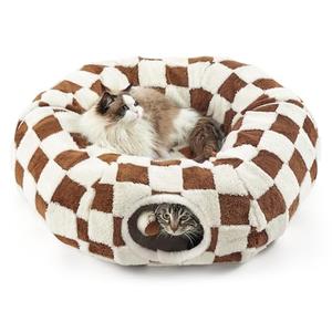 Lesure Cat Tunnel Bed for Indoor Cats - Cute Cat Donut Tunnel Toys for Small Large Cats with Washable Circle Cushion, Round Pet Peekaboo Cave Toy for Kitten/Puppy/Rabbit, Standard Brown