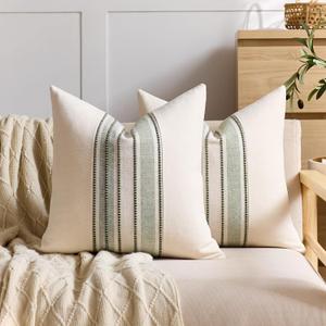 Striped Linen Textured Throw Pillow Covers 18x18 Inch Set of 2,Boho Decorative Cushion Covers, Neutral Olive Green Accent Pillowcases for Couch, Sofa, Bed Farmhouse & Modern Living Room Decor