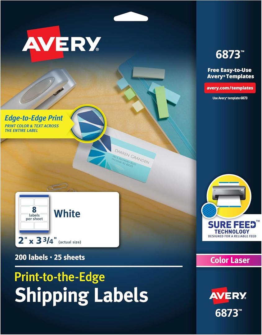 Avery Printable Shipping Labels with Sure Feed, 2" x 3.75", White, 200 Blank Mailing Labels (6873) Avery Printable Shipping Labels with Sure Feed, 2" x 3.75", White, 200 Blank Mailing Labels (6873)
