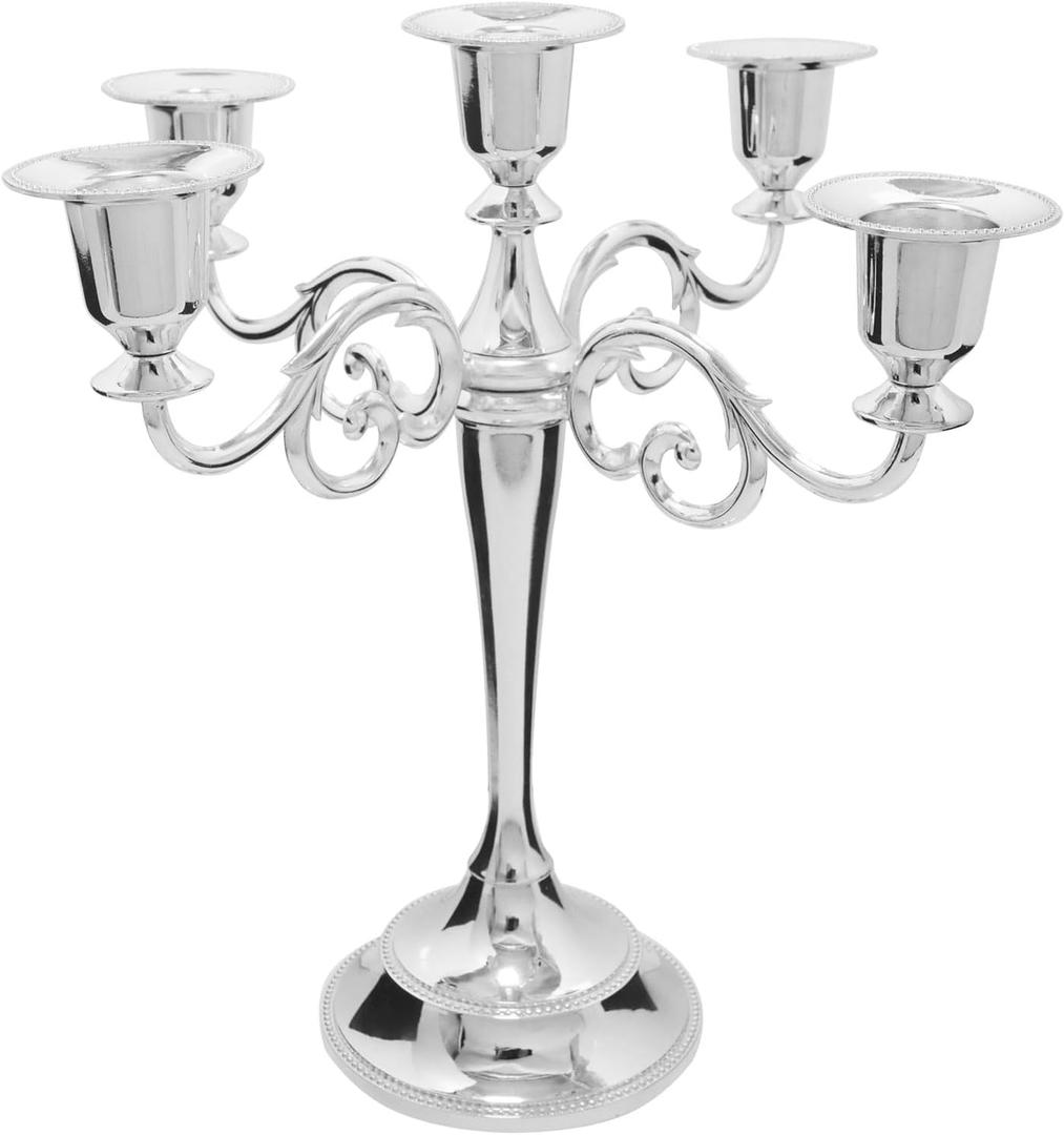 5-Candle Metal Candelabra Candlestick Holders, 5 Arms Candle Holder, Pillar Candle Holder 5 Arms, Vintage Metal Candelabra, Vintage Candle Sticks Holder Decor (Silver)