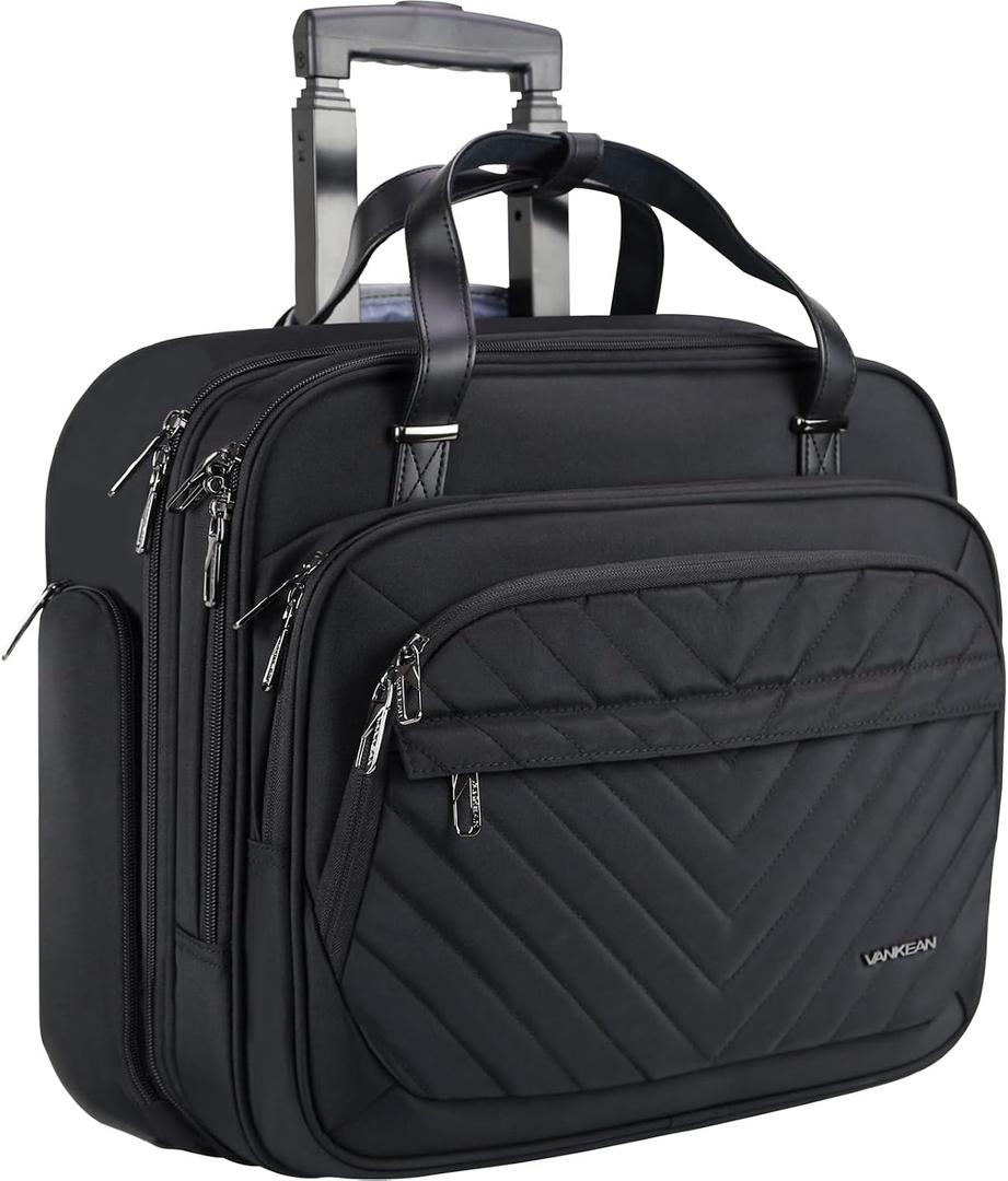 VANKEAN Rolling Laptop Bag for Women with Wheels, 15.6 Inch Water Repellent Overnight Computer Bag with RFID Pockets for Travel Business Work, Black, 16.5 X 14.5 X 8 Inches