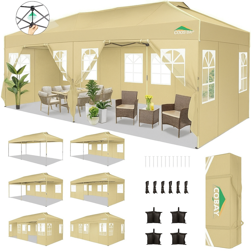 COBIZI 10x20 Pop Up Canopy Tent with 6 Removable Sidewalls, One Push Party Tent Outdoor Waterproof Event Canopy with Air Vent for Parties Commercial Wedding, 3 Height, Carry Bag, Sandbag, Black