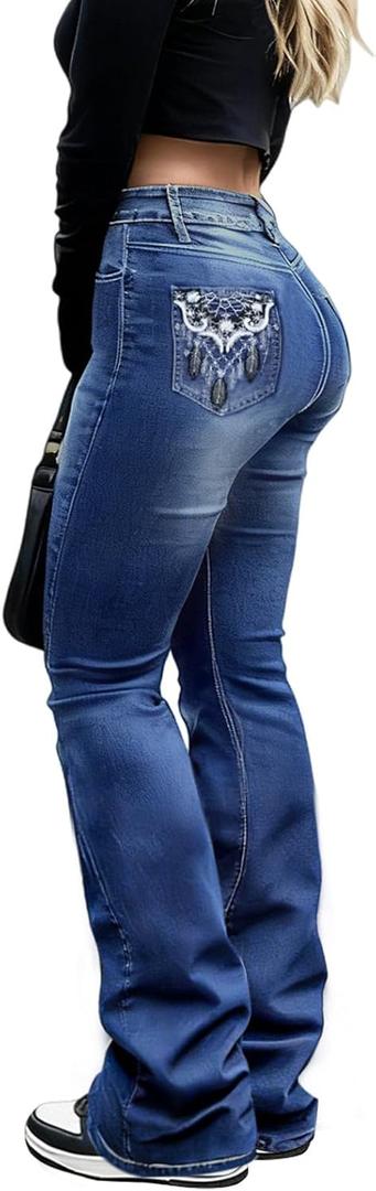Womens Plus Size Boot Cut Jeans for Women Embroidered Jeans Flare Jean High Waist Stretchy Bell Bottom Denim Pants (Blue, XXL)