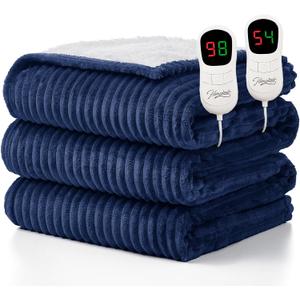 Homemate Electric Heated Blanket King Size - 100"x90" Heating Blanket King Size Dual Control 1/2/4/6/8 Hours Auto-Off 10 Heat Level Over-Heat Protection Soft Flannel Sherpa, Blue, Striped