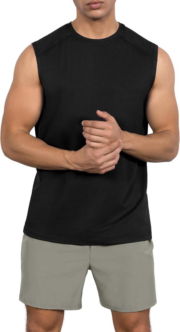 ODODOS Men's Quick Dry Athletic Tank Tops UPF 50+ Sun Protection SPF Workout Sleeveless Muscle Shirts, Black Heather, Large (Black, L)