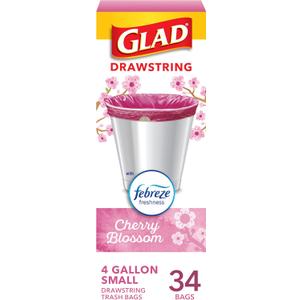 Glad Small Trash Bags 4 Gallon, Febreze Cherry Blossom Garbage Bags, Odor Resistant with Drawstring, 34 Count