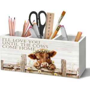 Highland Cow Gifts Pen Holder Organizer for Desk Accessories | I Will Love You Till the Cows Come Home Farmhouse Highland Cow Wooden Box Sign Desk Decorations for Home Bedroom Office Decor