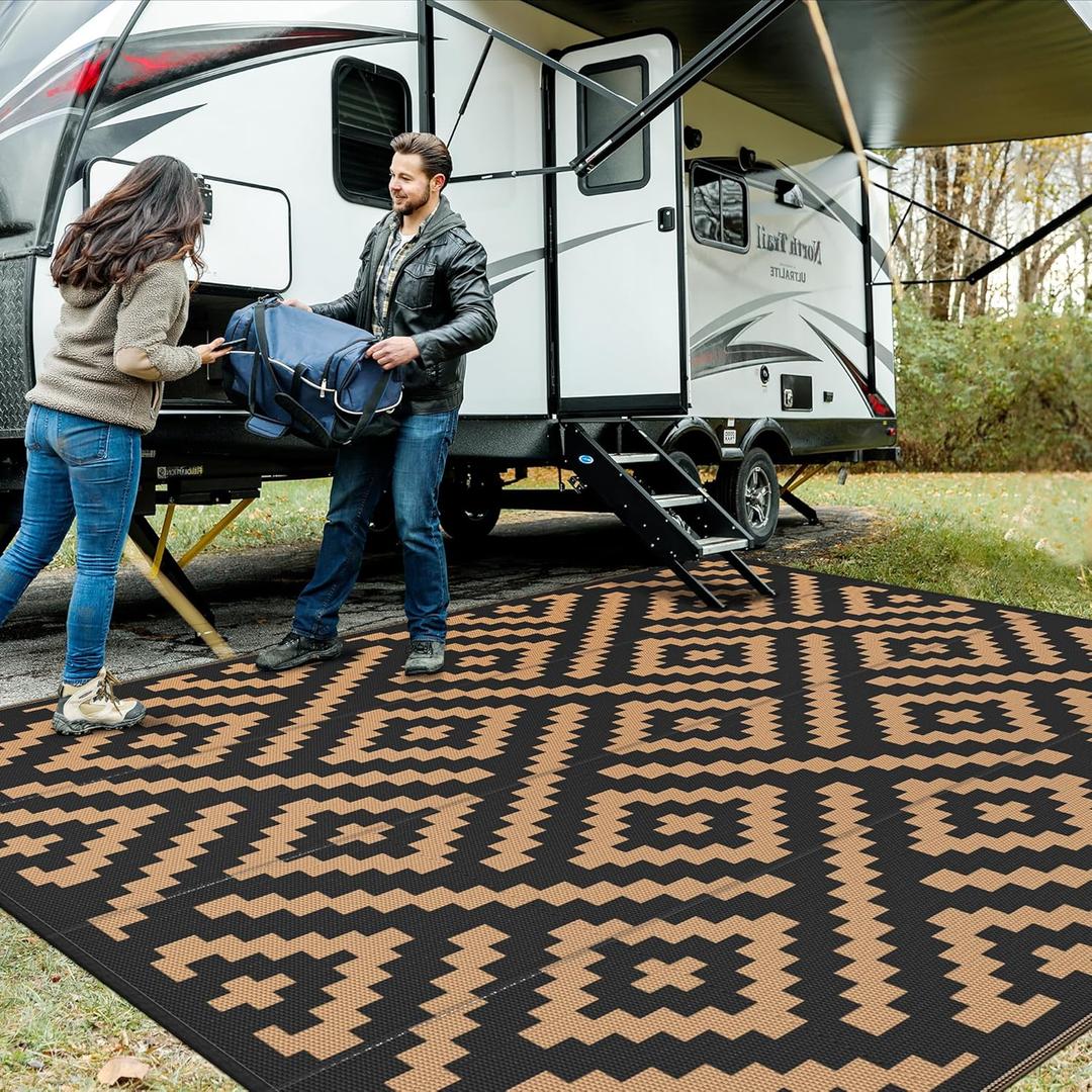 GENIMO Outdoor Rug Waterproof, 10' x 10' Reversible Plastic Straw Rugs, Lightweight Large RV Camping Mat for Patio, Deck, Camper, Balcony, Backyard, Picnic, Black & Brown (10'x10', Black&brown)