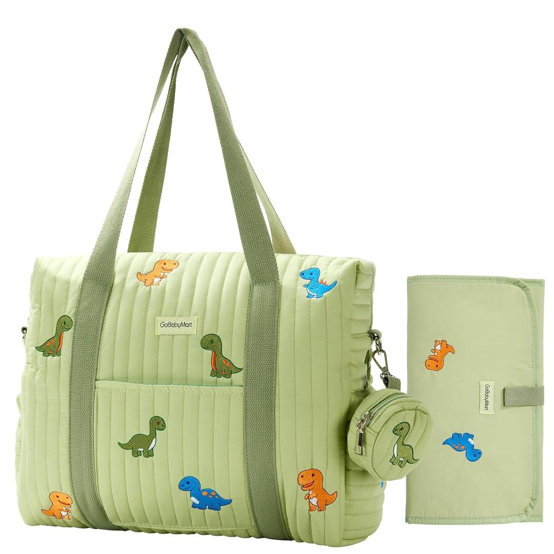 GOBABYMART 3pc Diaper Bag Tote Set, Hospital Bag for Labor & Delivery, Maternity Travel Bag with Changing Pad & Pacifier Case (Medium - Green Dinosaurs) 

14 x 11 x 0.8 inches