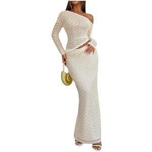 MakeMeChic Women's 2 Piece Fall Outfits Long Sleeve Asymmetrical Tops and Bodycon Maxi Skirt Matching Sets,  Size S