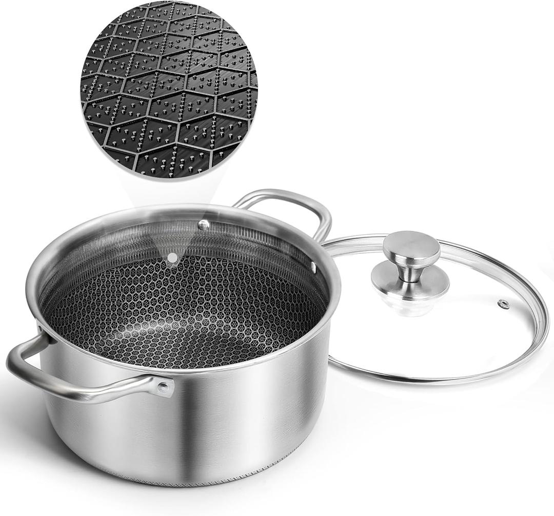 AuFranc Hybrid Nonstick 6 Quart Stainless Steel Stockpot with Glass Lid, Induction Stock Pot with Honeycomb Carving, Non-stick Soup Pot Compatible with All Cooktops, Non-Toxic, Dishwasher & Oven Safe