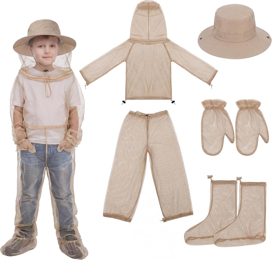 Threehoney Kids Mosquito Outdoor Suit Bug Net Pants & Jacket with Hood Fishing Hat Mitt Socks for Girls Boys Camping Hiking