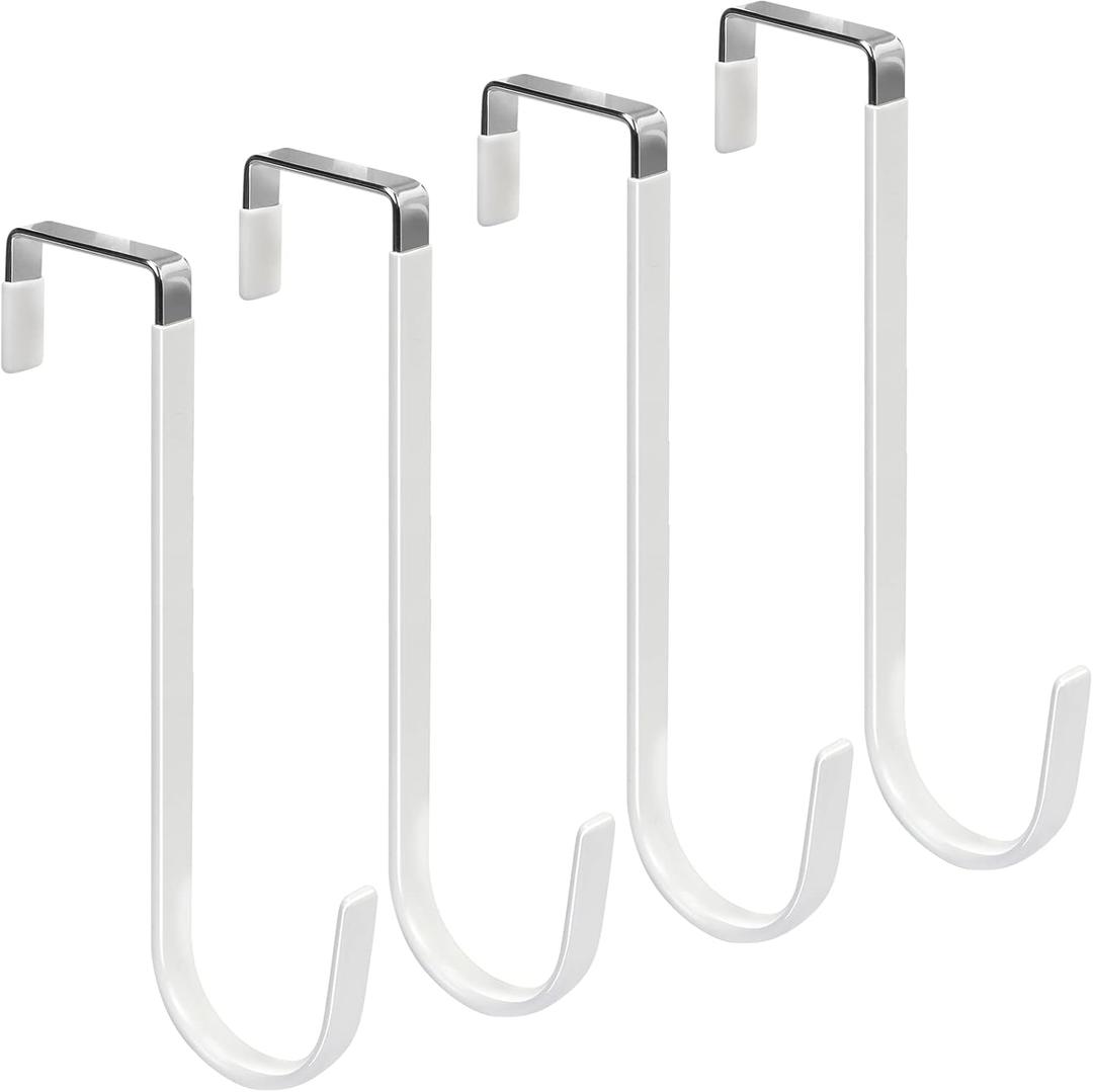 FYY Over the Door Hooks, 4 Pack Upgraded Long Door Hangers Hooks with Rubber Prevent Scratches Heavy Duty Organizer Hooks for Hanging Clothes, Towels, Hats, Coats, Bags White