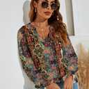 Romanstii Women V Neck Shirts Puff Sleeve Blouse Top Loose Clothes,Ethnic Print,XL (Red, XL)