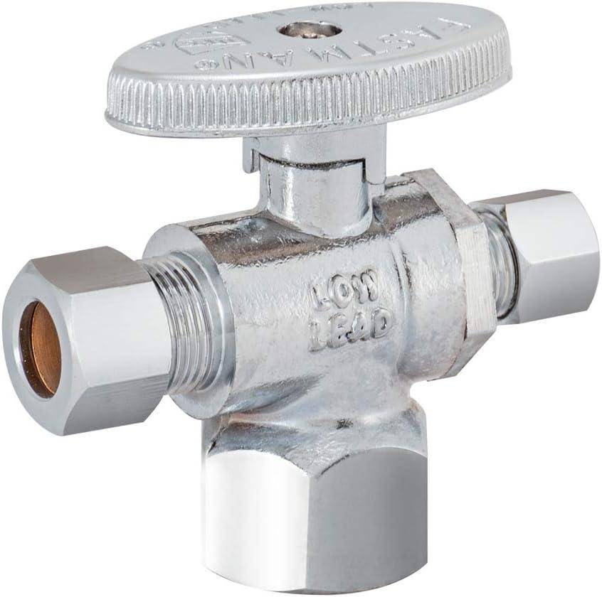Eastman 3/8 Inch OD Compression x 1/4 Inch OD Compression x 1/2 Inch FIP Quarter Turn Dual Outlet Three Way Stop Valve, Chrome, 48655LF (Silver)