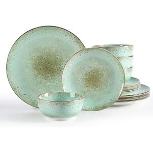 Sweejar Dinnerware Sets Service for 4, 12 pcs Porcelain Plates and Bowls for Kitchen, Housewaring Gift, Chip and Scratch Resistant Dish Set, Handmade Dishwasher and Microwave Safe Plate Set, Green