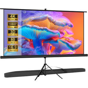 Outdoor Projector Screen with Stand Tripod, Indoor Pull Up Portable Projector Screen, 80 INCH 16:9 Adjustable Projection Screen with Carry Bag for Home Theater Backyard Party Movie Nights