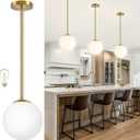 Bagood 10 Inch Globe Pendant Light Gold Mid Century Pendant Light Contemporary Globe Pendant Lights Adjustable Hanging Light Fixture Milk Glass with Brass Finish for Dining Room Kitchen Island