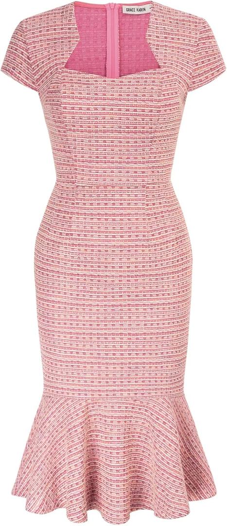 GRACE KARIN Womens Cocktail Dress Fishtail Tweed Bodycon Dresses (Pink, S)