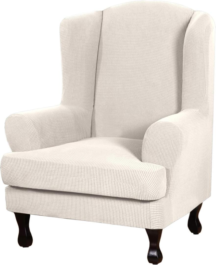 H.VERSAILTEX 2 Piece Stretch Jacquard Wingback Chair Covers Slipcovers Wing Chair Covers (Base Cover Plus Seat Cushion Cover) Furniture Covers for Wingback Chairs, Form Fitted Thick Soft, Ivory