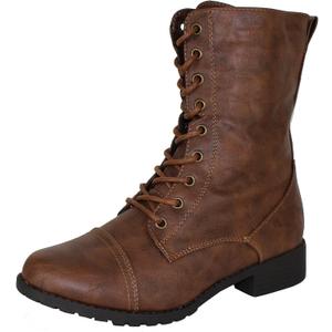 Forever Link Women's Round Toe Military Lace Up Knit Ankle Cuff Low Heel Combat Boots, 8.5
