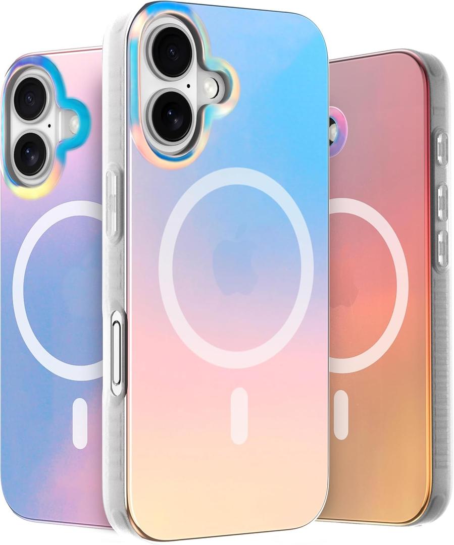 LONLI Hue - Magnetic Case for iPhone 16 - [Compatible with Magsafe] - [360 Shock-Absorbent Bumper] - [Cute and Unique Phone Cover for Girls and Women] - Fluorescent Holographic Iridescent