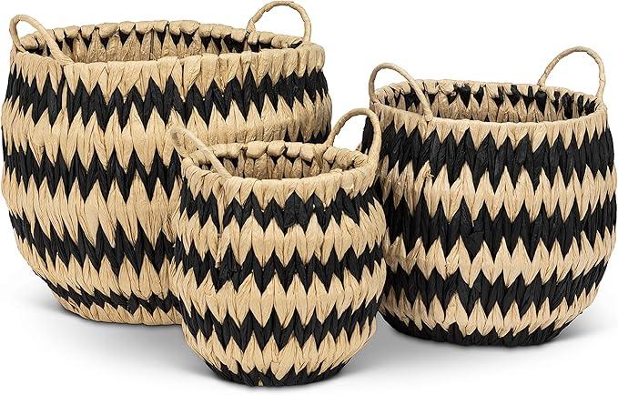 Coastal Striped Baskets, Set of 3, Round, Handmade, Chunky Weave, Black and Natural Seagrass Wicker, Grab Handles,