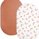 2 x Bassinet Sheet for Baby Boy and Girl 2 Pack, Fitted Sheets for Rectangle, Oval, Hourglass Bassinet Mattress, Muslin Moses Basket Sheets with Neutral Style (Brick & Leaf)