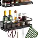 Spice Rack Wall Mount with Hooks - Spice Racks Organizer for Cabinet Storage, Wall Mounted Hanging Shelf Seasoning Organizer, for Kitchen, Pantry Door, Bathroom (Black, 2 Pack)