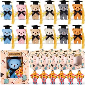 Roowest 12 Set Graduation Mini Stuffed Animals with Gifts Box Bouquet, Small Plush Animal Bear Toy Keychain Gift Set for 2026 Kindergarten Preschool Graduations Party Classroom Exchange Gift (Bear)