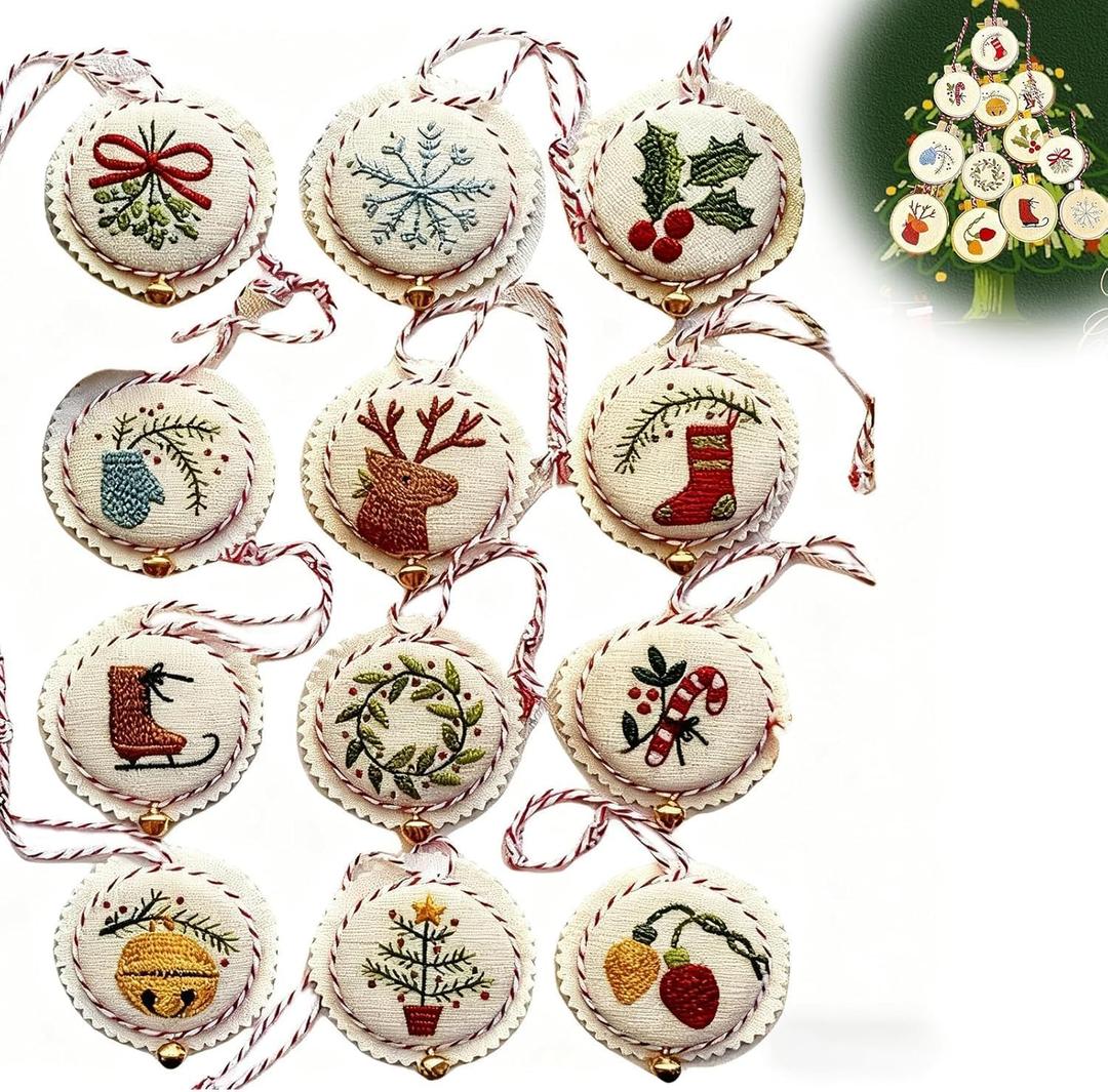 Christmas Embroidery Kit,Hand Embroidered Christmas Ornament Kit,Cross Stitch Kits,DIY Needlepoint Starter Set with Easy Instructions for Adults & Beginners (12 PCS)