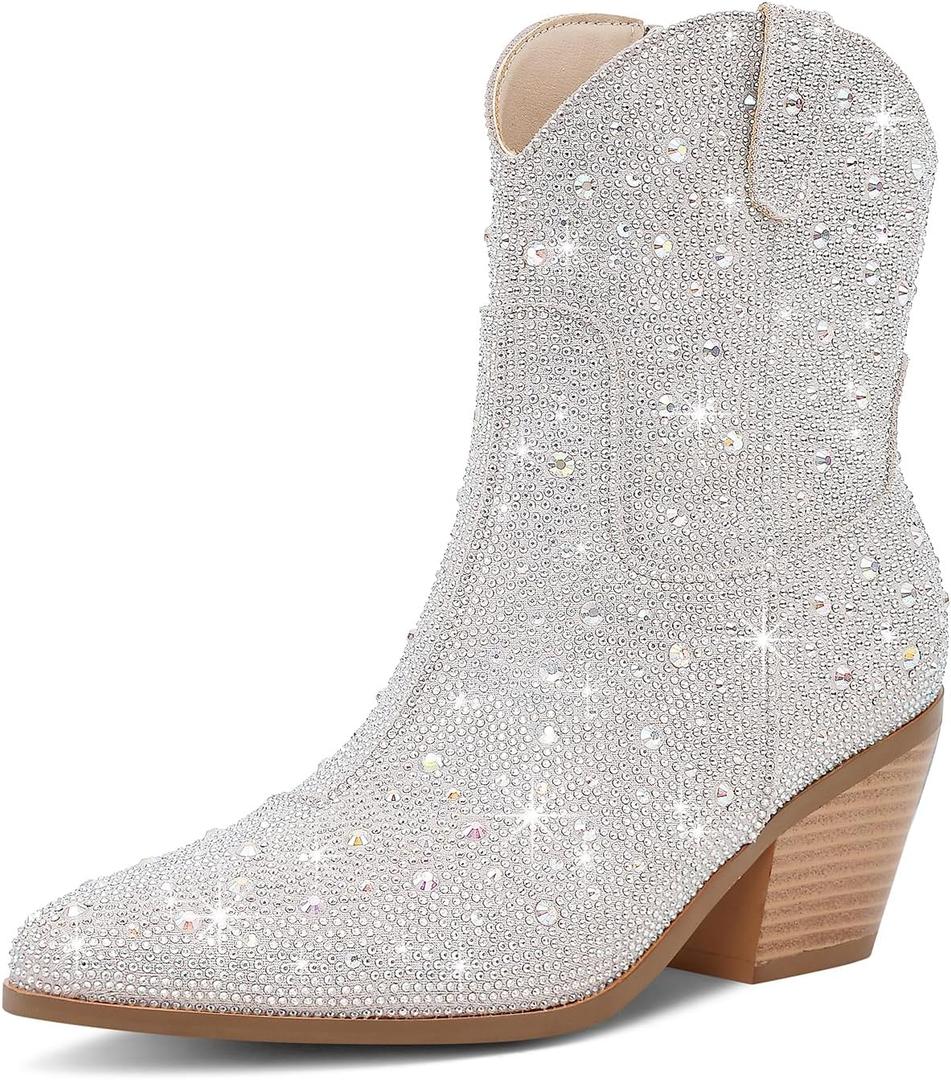 Cowgirl Ankle Boots Cowboy Boots for Women Western Booties Rhinestone Chunky Heel Fashion Comfortable Side Zipper (8.5)