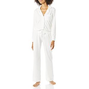 Amazon Essentials Women's Long Sleeve Cotton Modal Pajama Set, Loungewear with Full-Length Bottom, White, Medium