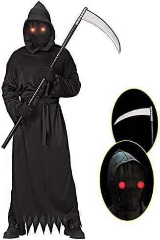 Lomesion Grim Reaper Halloween Costume with Glowing Red Eyes for Kids, Scythe Included.L