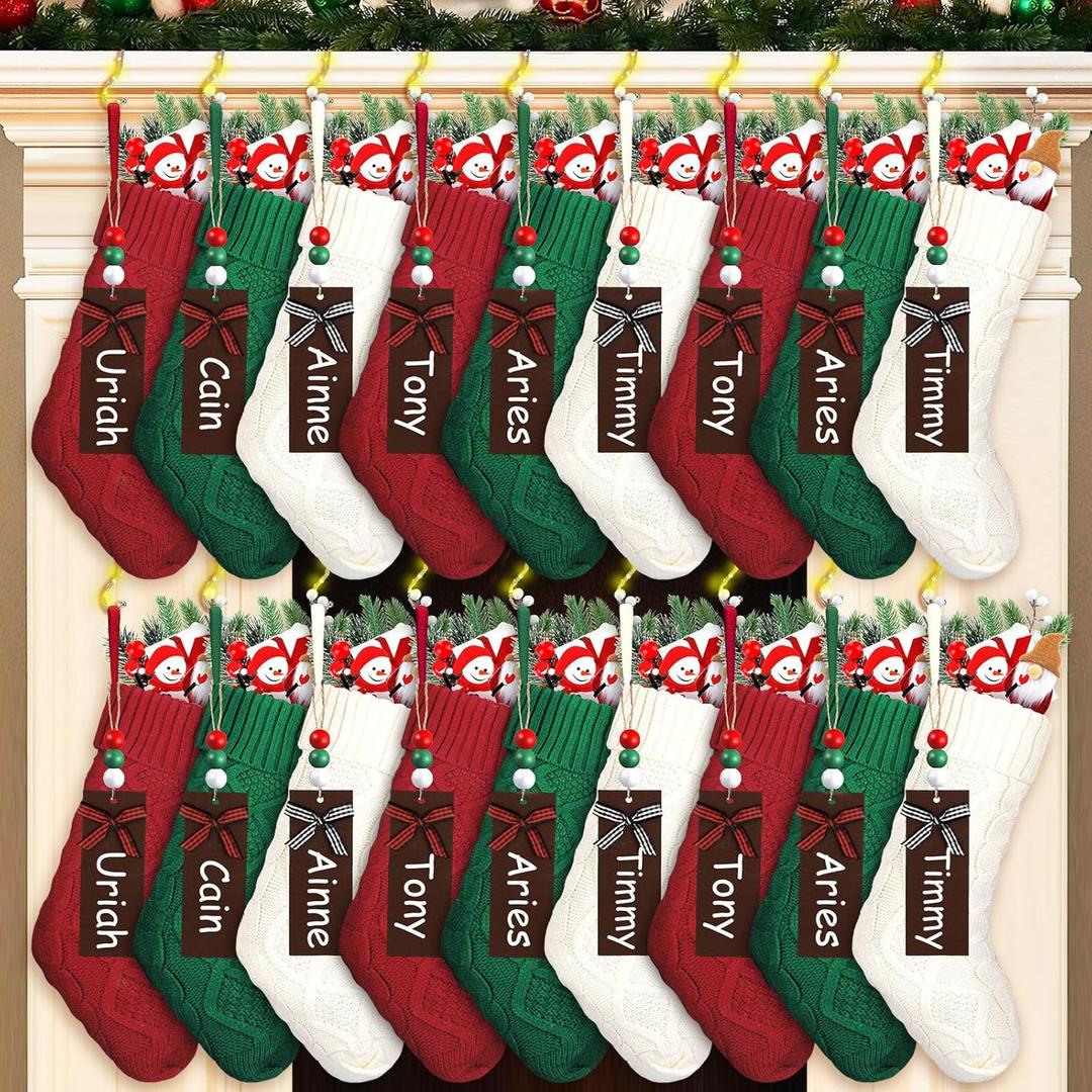 Sosation 18 Set Lighted Christmas Stockings, 18 Inch Christmas Knit Stockings with Name Tags and Christmas Stocking Holder for Fireplace Mantle, Xmas Hanging Stockings Gifts with Fairy String Lights