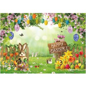 8X6FT Spring Easter Backdrop Sunshine Garden Fence Rabbit Egg Decoration Photography Backdrops Flower Backdrop Children Adult Portrait Photo Props DH-1106