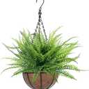 TURNMEON Fake Hanging Plants Flowers Baskets for Outdoor Decoration, 5 Bundles Artificial Faux Boston Ferns in Hang Planter Realistic UV Resistant for Porch Home Patio Gardens Balcony Yard Outside (Green)
