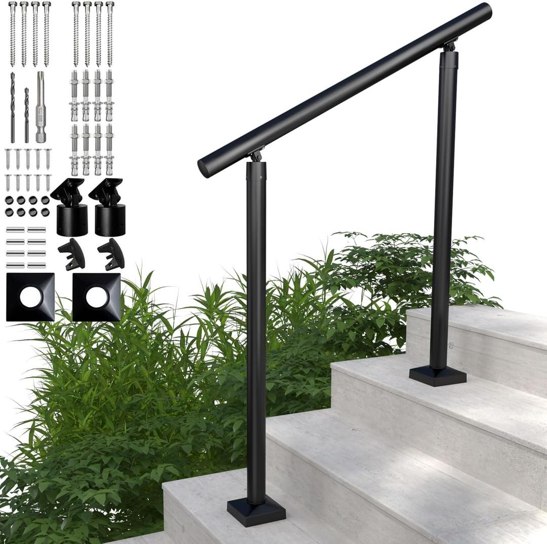 Heavy Duty Aluminum Round Handrail for Indoor or Outdoor Steps & Stairs Maximum Load Capacity 800lbs, 0-3 Steps Stair Handrail Kit, Porch & Deck (Textured Black, 3ft)