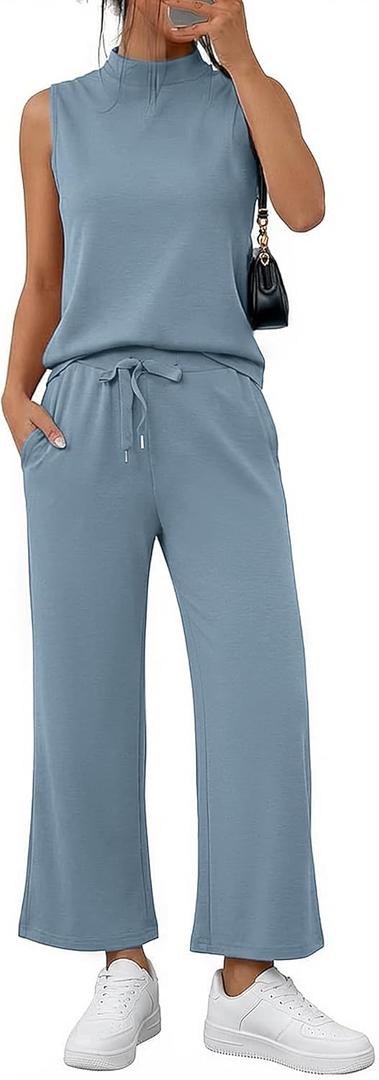 Casly Lamiit Womens 2 Piece Sets Sleeveless Mock Neck Summer Lounge Sets Wide Leg Crop Pants 2026 Vacation Travel Outfits (Large, Blue Grey)