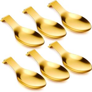 6 Pcs Stainless Steel Spoon Rest Spatula Ladle Holder Spoon Rest for Stove Top Heavy Duty Spatula Holder Gold Spoon Holder for Countertop Dishwasher Safe Utensil Rest Kitchen,3.8 x 9.6 inch