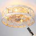 Flush Mount Caged Ceiling Fans with Lights, 20" Enclosed Low Profile Ceiling Fan with Light and Remote, Farmhouse Ceiling Fan 6 Speed Reversible Quiet Small Bladeless Ceiling Fans for Kitchen Bedroom
