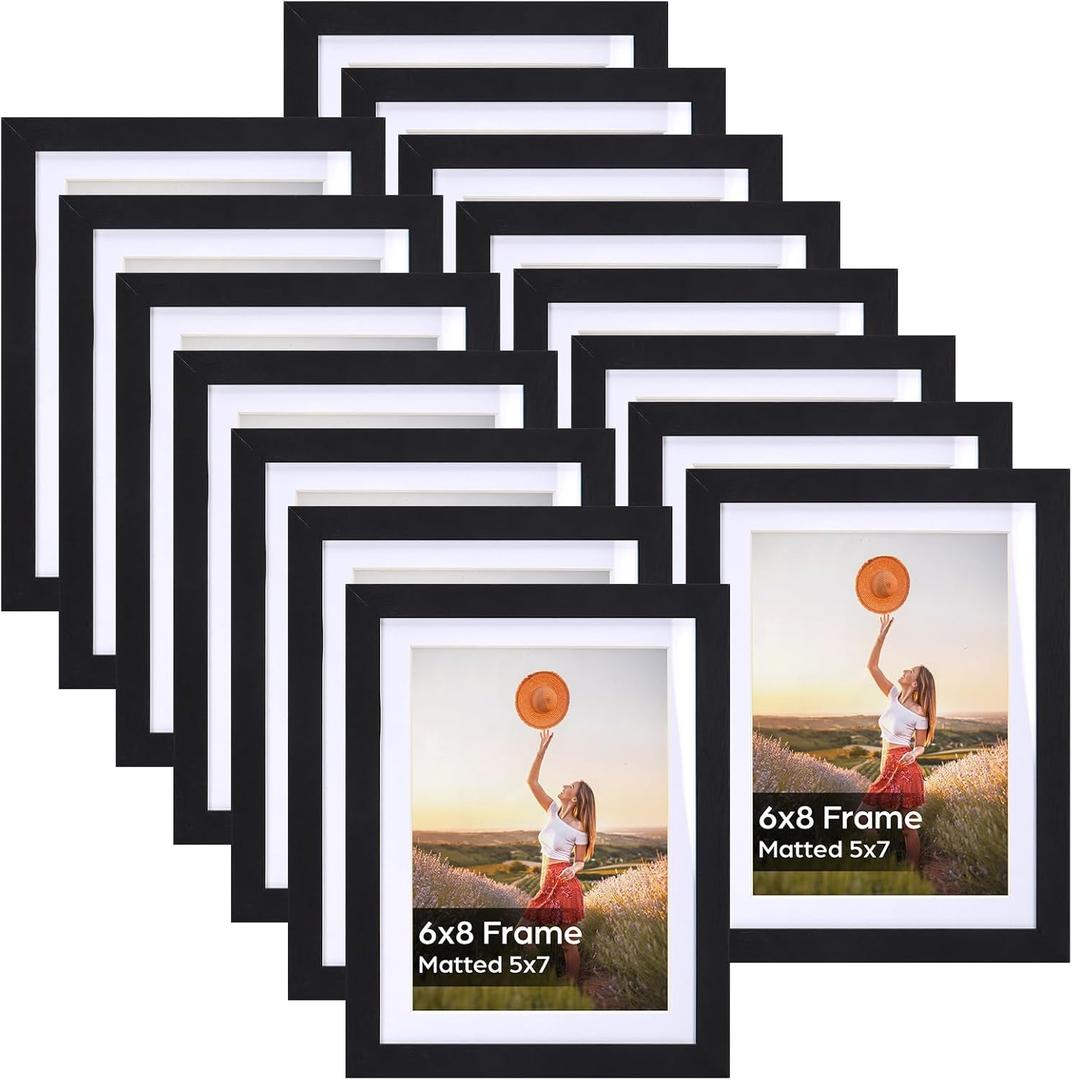 Lyeasw 5x7 Picture Frame Black Set of 15, Display Pictures 6x8 without Mat or 5x7 with Mat, Multi Photo Frames for Wall or Tabletop