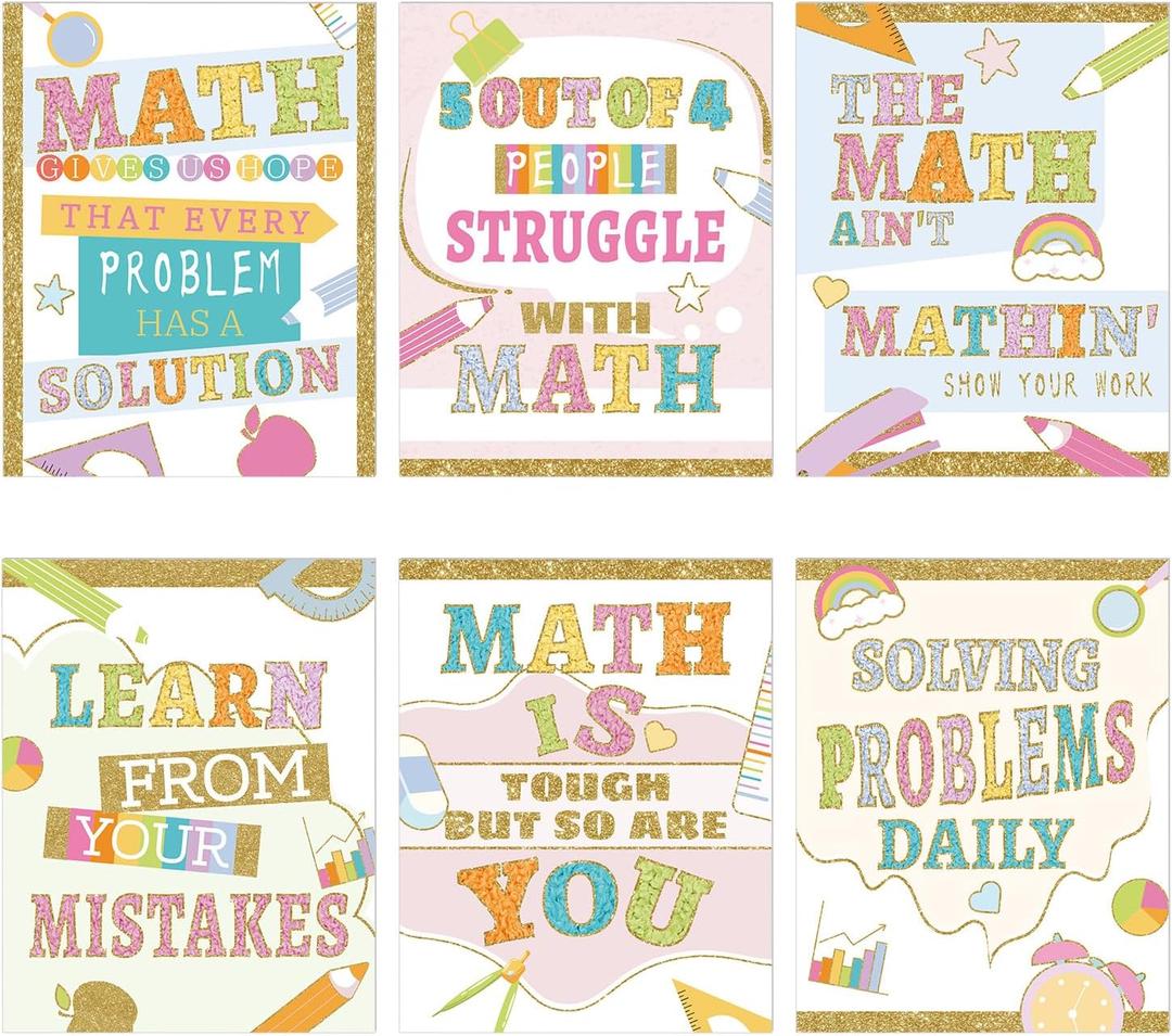 2 x Eaasty 6 Pack Math Posters for Elementary School Math Teacher Must Haves | 11" x 13" Back to School Mathematics Posters, Motivational Inspirational Quotes Wall Art, Varsity Letter Classroom Decor, 13.43 x 10.63 inches