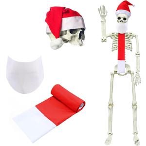 3 Ft Christmas Skeleton Decoration Accessories,3 Pcs Outfit with Santa Hat, Christmas Skeleton Scarf & Beard Set,Outdoor Christmas Decor Accessories for Patio, Lawn & Garden